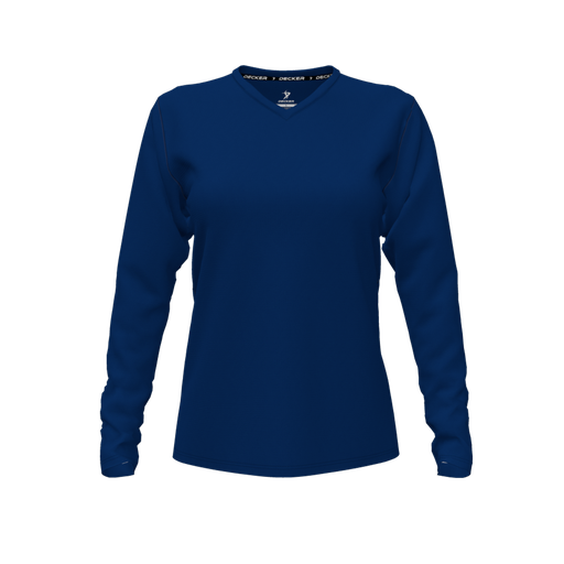 [CUS-DFW-TEES-CMF-VNK-LSL-NVY-FYXS-LOGO3] Decker Comfort T-Shirt (Female Youth XS, Navy, V Neck, Logo 3, Long Sleeve)
