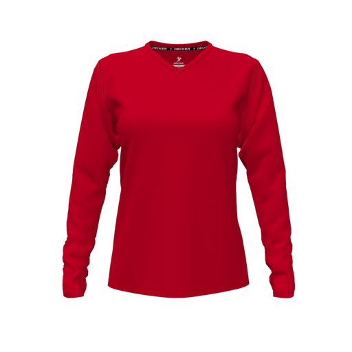 [CUS-DFW-TEES-PER-VNK-LSL-RED-FYXS-LOGO2] Decker Performance T-Shirt (Female Youth XS, Red, V Neck, Logo 2, Long Sleeve)